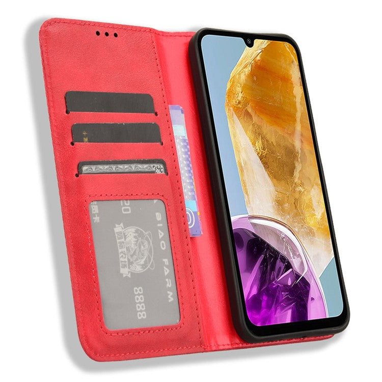 For Samsung Galaxy F15 5G / M15 5G Case Vintage PU Leather Folio Phone Cover with Cash / Card Slots - Red