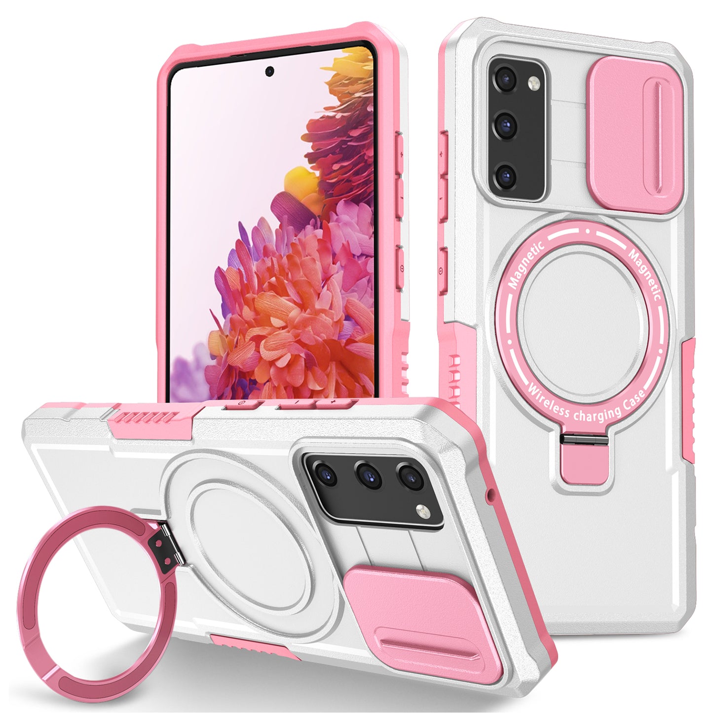 For Samsung Galaxy S20 FE 4G / FE 5G / S20 Lite / S20 FE 2022 Magnetic Case PC+TPU Phone Shell with Slide Camera Lid - Pink / White
