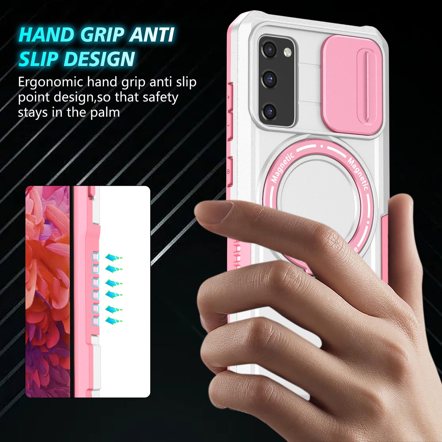 For Samsung Galaxy S20 FE 4G / FE 5G / S20 Lite / S20 FE 2022 Magnetic Case PC+TPU Phone Shell with Slide Camera Lid - Pink / White