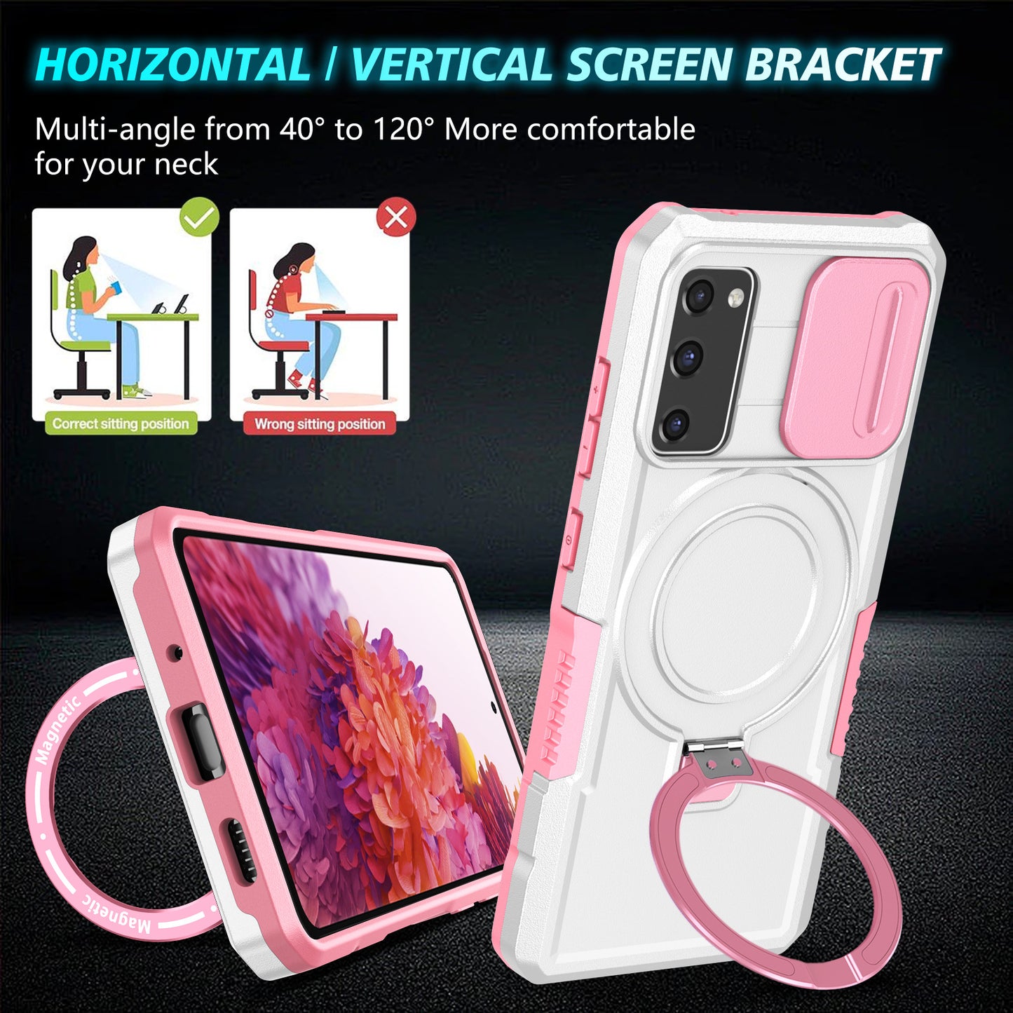 For Samsung Galaxy S20 FE 4G / FE 5G / S20 Lite / S20 FE 2022 Magnetic Case PC+TPU Phone Shell with Slide Camera Lid - Pink / White