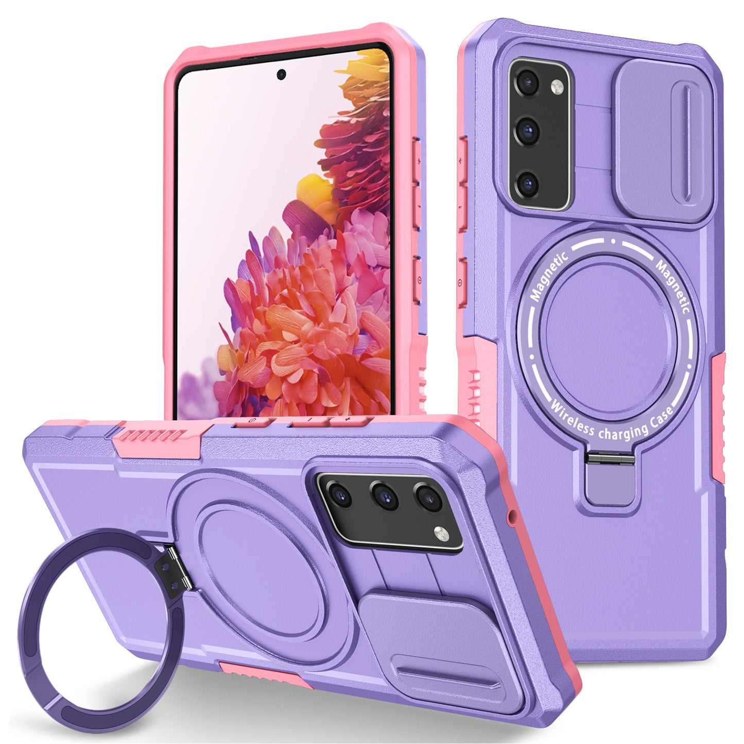 For Samsung Galaxy S20 FE 4G / FE 5G / S20 Lite / S20 FE 2022 Magnetic Case PC+TPU Phone Shell with Slide Camera Lid - Pink / Purple
