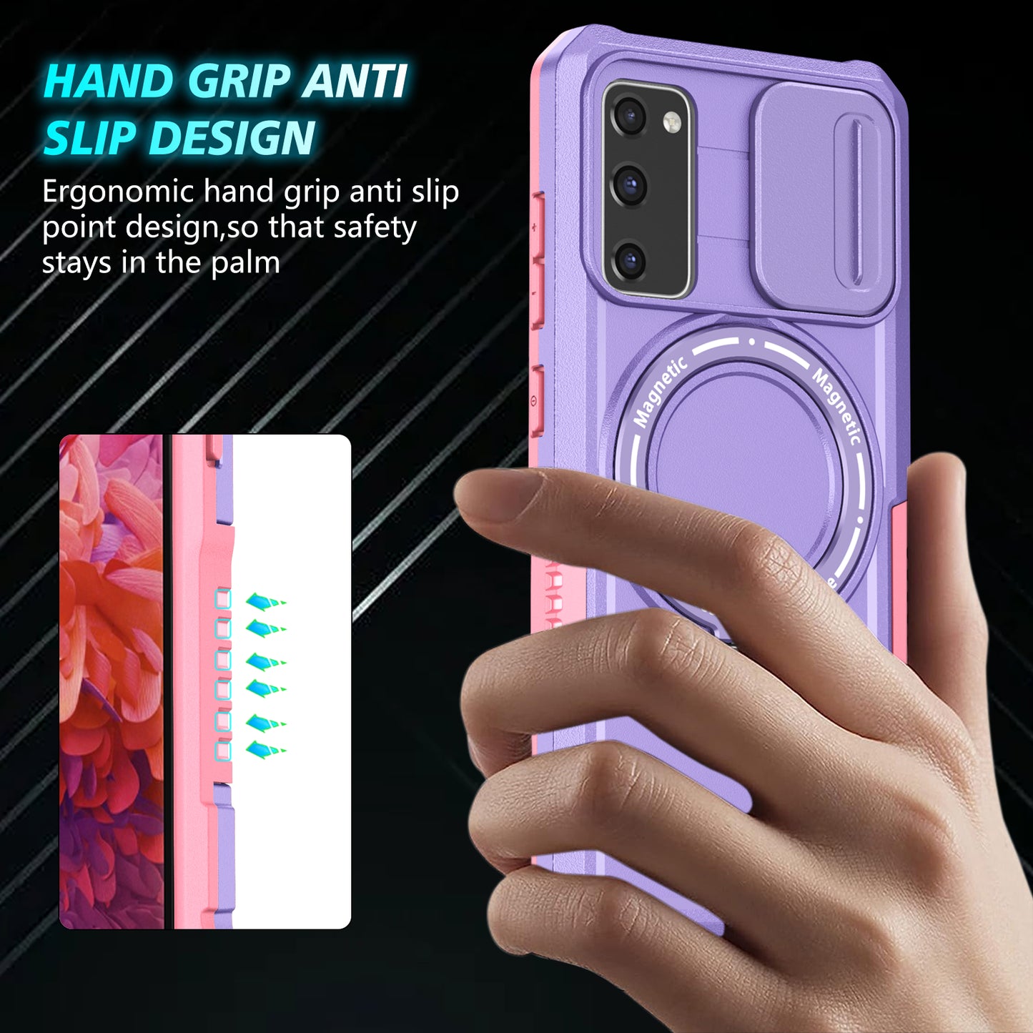 For Samsung Galaxy S20 FE 4G / FE 5G / S20 Lite / S20 FE 2022 Magnetic Case PC+TPU Phone Shell with Slide Camera Lid - Pink / Purple