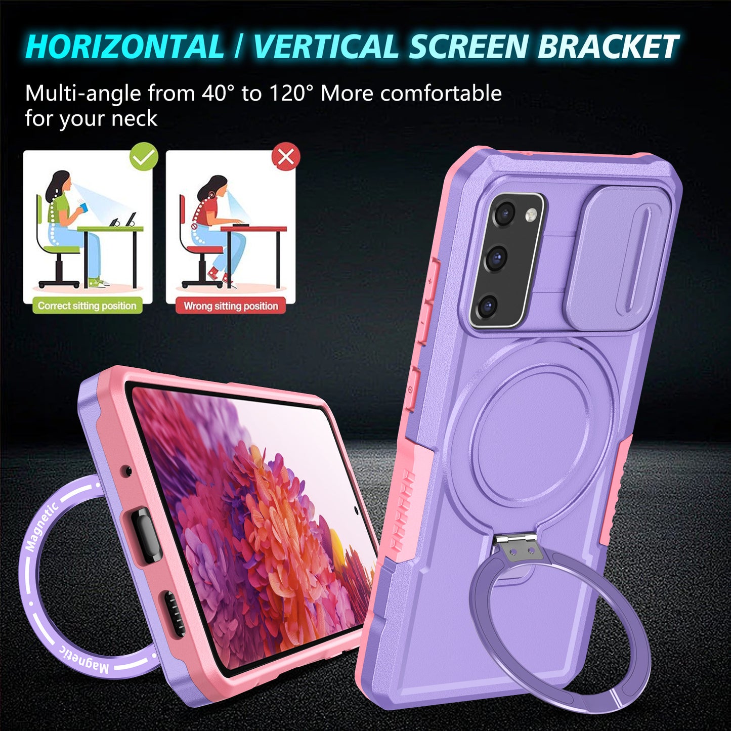 For Samsung Galaxy S20 FE 4G / FE 5G / S20 Lite / S20 FE 2022 Magnetic Case PC+TPU Phone Shell with Slide Camera Lid - Pink / Purple