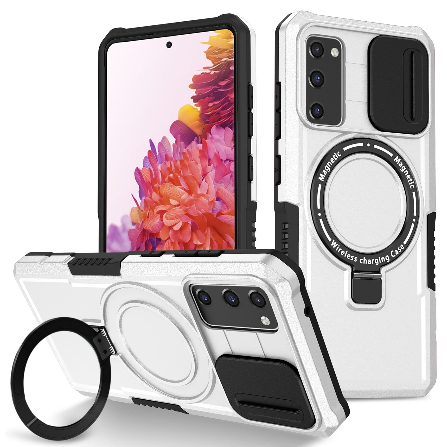 For Samsung Galaxy S20 FE 4G / FE 5G / S20 Lite / S20 FE 2022 Magnetic Case PC+TPU Phone Shell with Slide Camera Lid - Black / White
