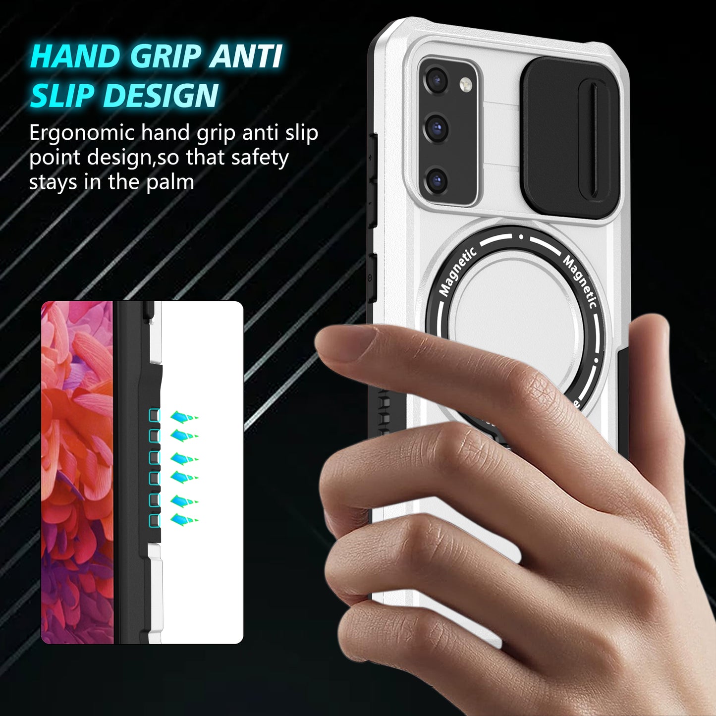 For Samsung Galaxy S20 FE 4G / FE 5G / S20 Lite / S20 FE 2022 Magnetic Case PC+TPU Phone Shell with Slide Camera Lid - Black / White