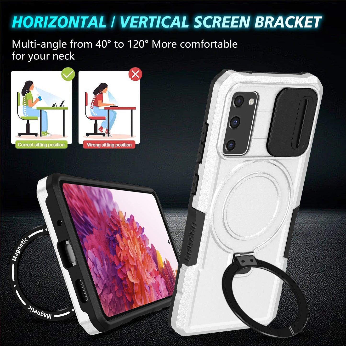 For Samsung Galaxy S20 FE 4G / FE 5G / S20 Lite / S20 FE 2022 Magnetic Case PC+TPU Phone Shell with Slide Camera Lid - Black / White
