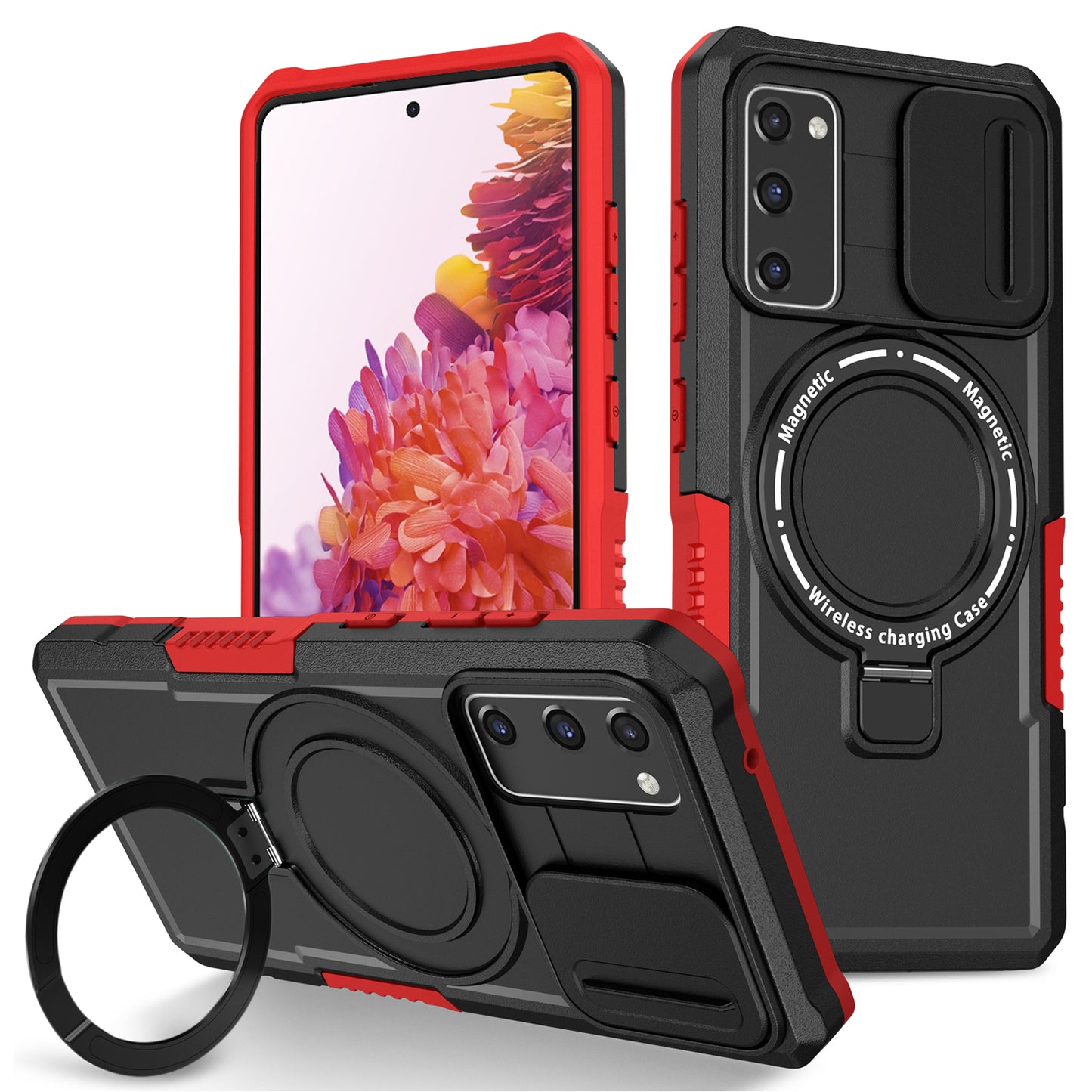 For Samsung Galaxy S20 FE 4G / FE 5G / S20 Lite / S20 FE 2022 Magnetic Case PC+TPU Phone Shell with Slide Camera Lid - Red / Black