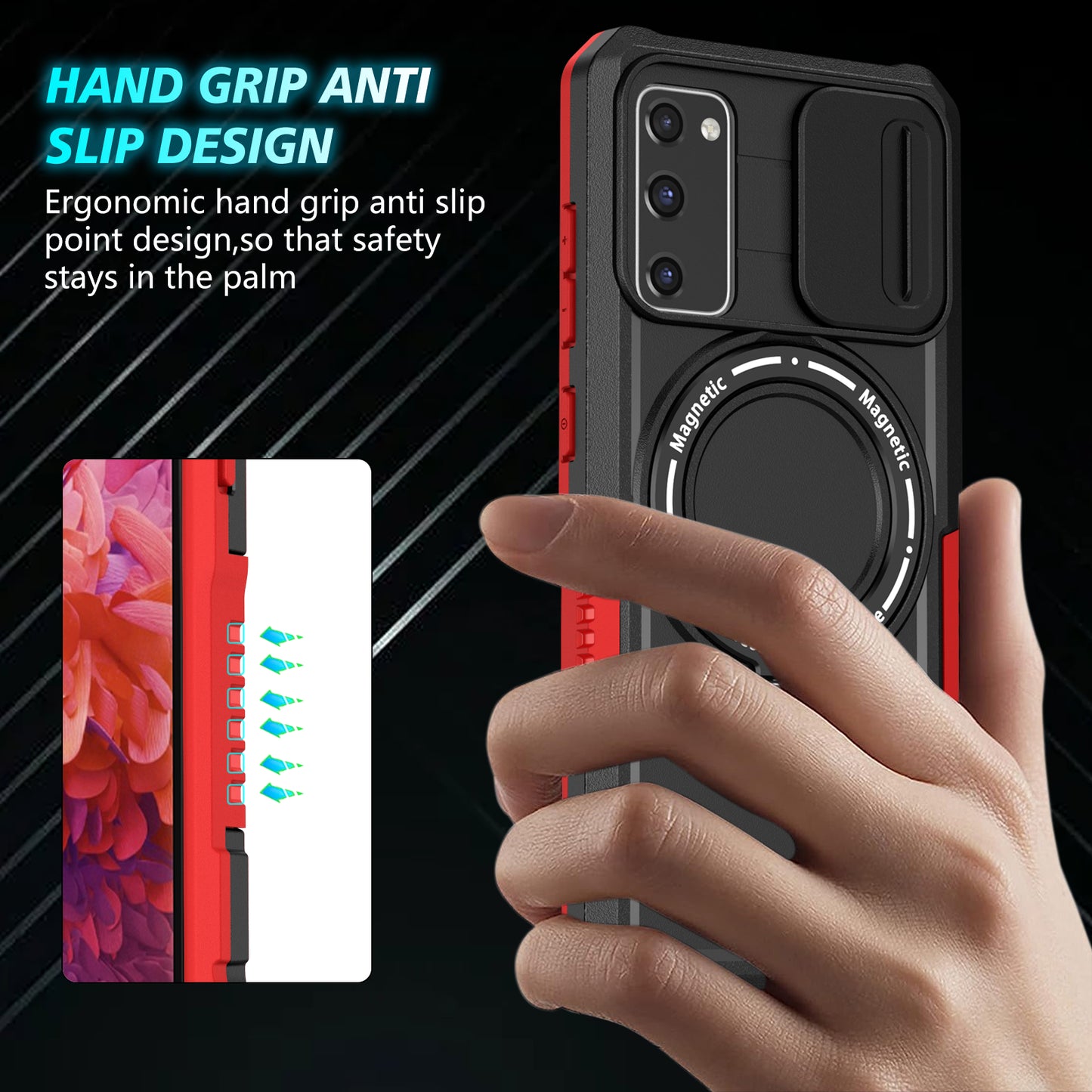 For Samsung Galaxy S20 FE 4G / FE 5G / S20 Lite / S20 FE 2022 Magnetic Case PC+TPU Phone Shell with Slide Camera Lid - Red / Black