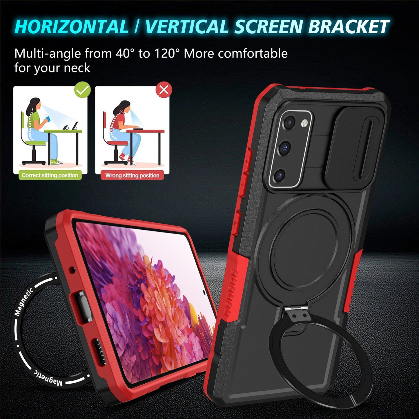 For Samsung Galaxy S20 FE 4G / FE 5G / S20 Lite / S20 FE 2022 Magnetic Case PC+TPU Phone Shell with Slide Camera Lid - Red / Black