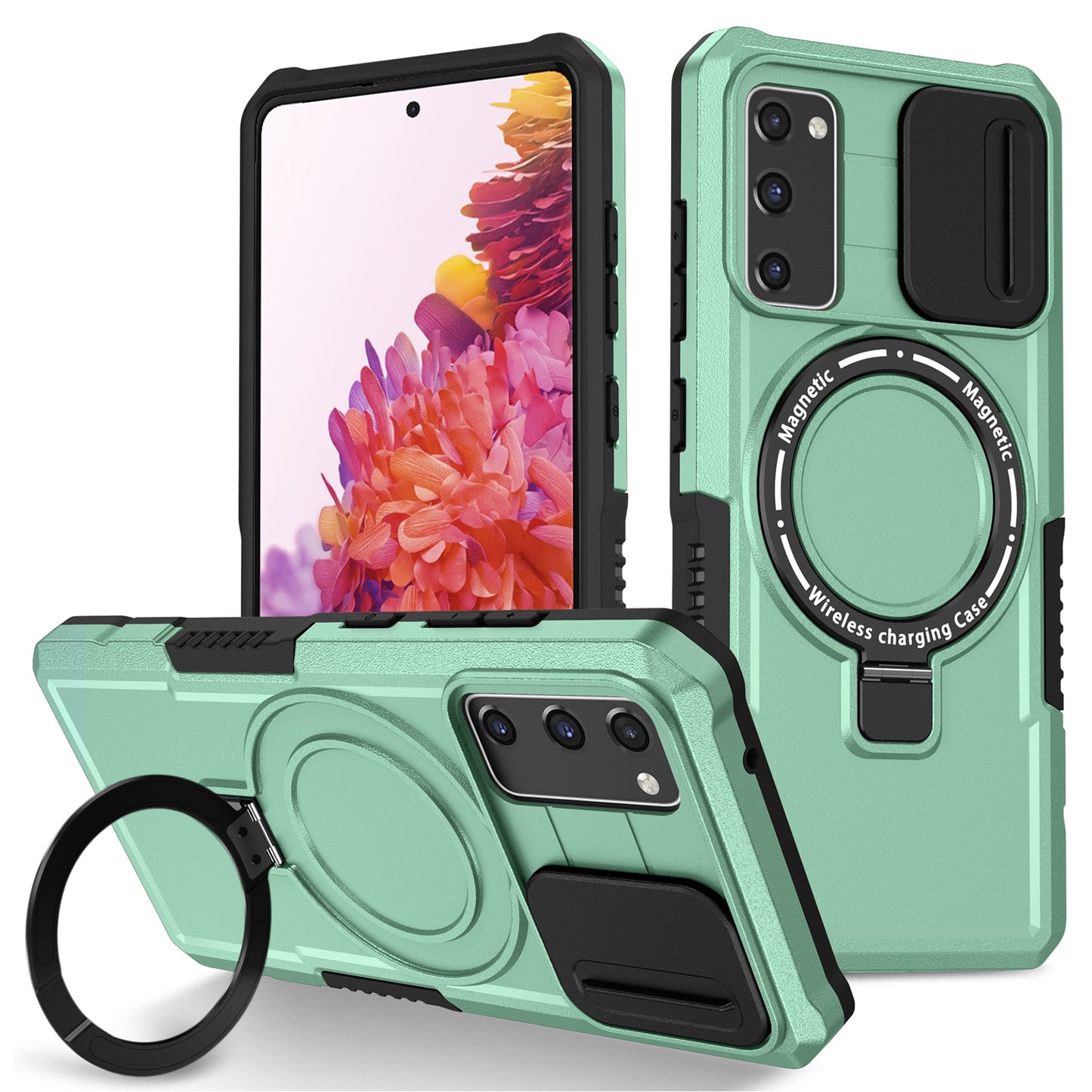 For Samsung Galaxy S20 FE 4G / FE 5G / S20 Lite / S20 FE 2022 Magnetic Case PC+TPU Phone Shell with Slide Camera Lid - Light Green