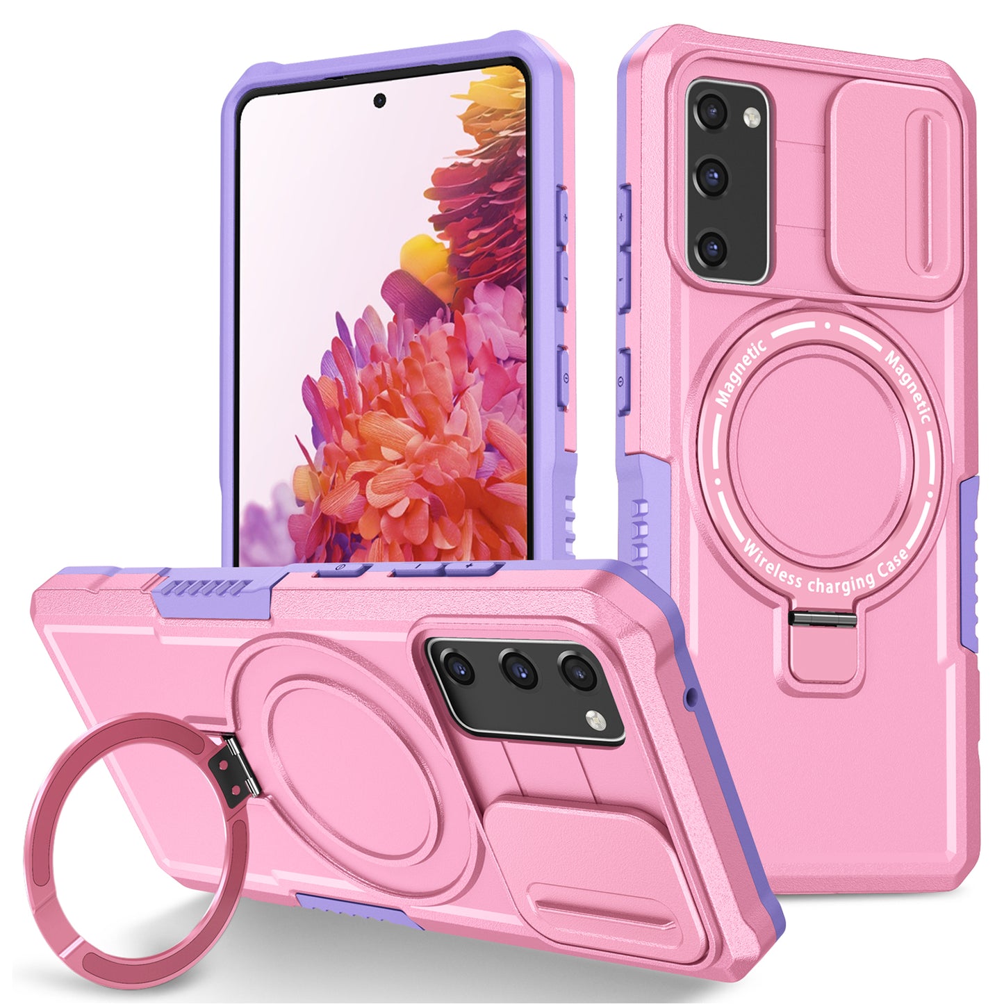 For Samsung Galaxy S20 FE 4G / FE 5G / S20 Lite / S20 FE 2022 Magnetic Case PC+TPU Phone Shell with Slide Camera Lid - Purple / Pink