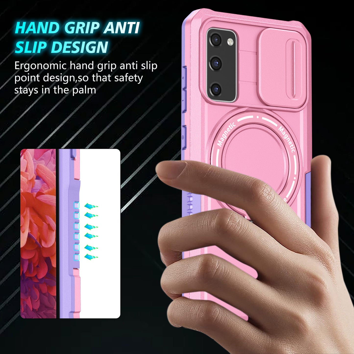For Samsung Galaxy S20 FE 4G / FE 5G / S20 Lite / S20 FE 2022 Magnetic Case PC+TPU Phone Shell with Slide Camera Lid - Purple / Pink