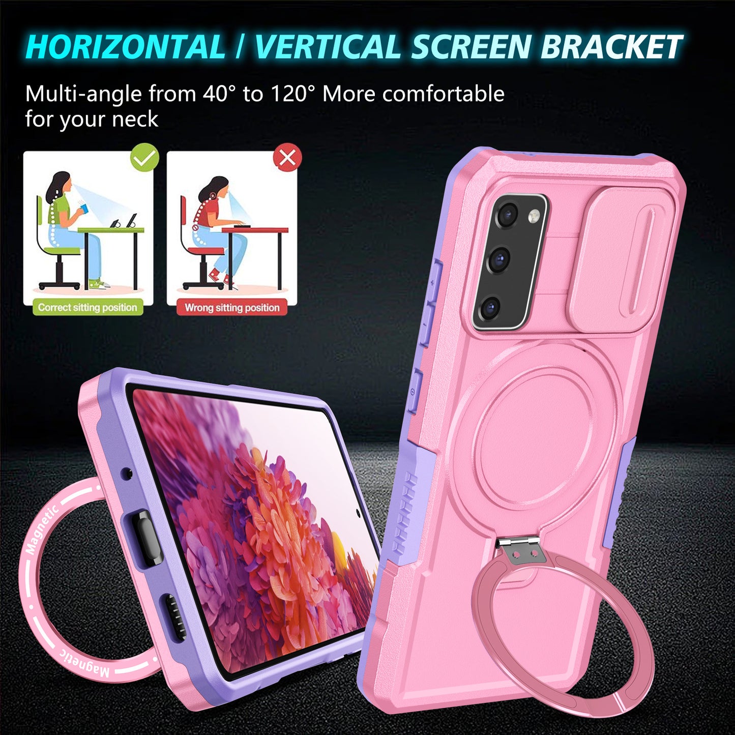 For Samsung Galaxy S20 FE 4G / FE 5G / S20 Lite / S20 FE 2022 Magnetic Case PC+TPU Phone Shell with Slide Camera Lid - Purple / Pink