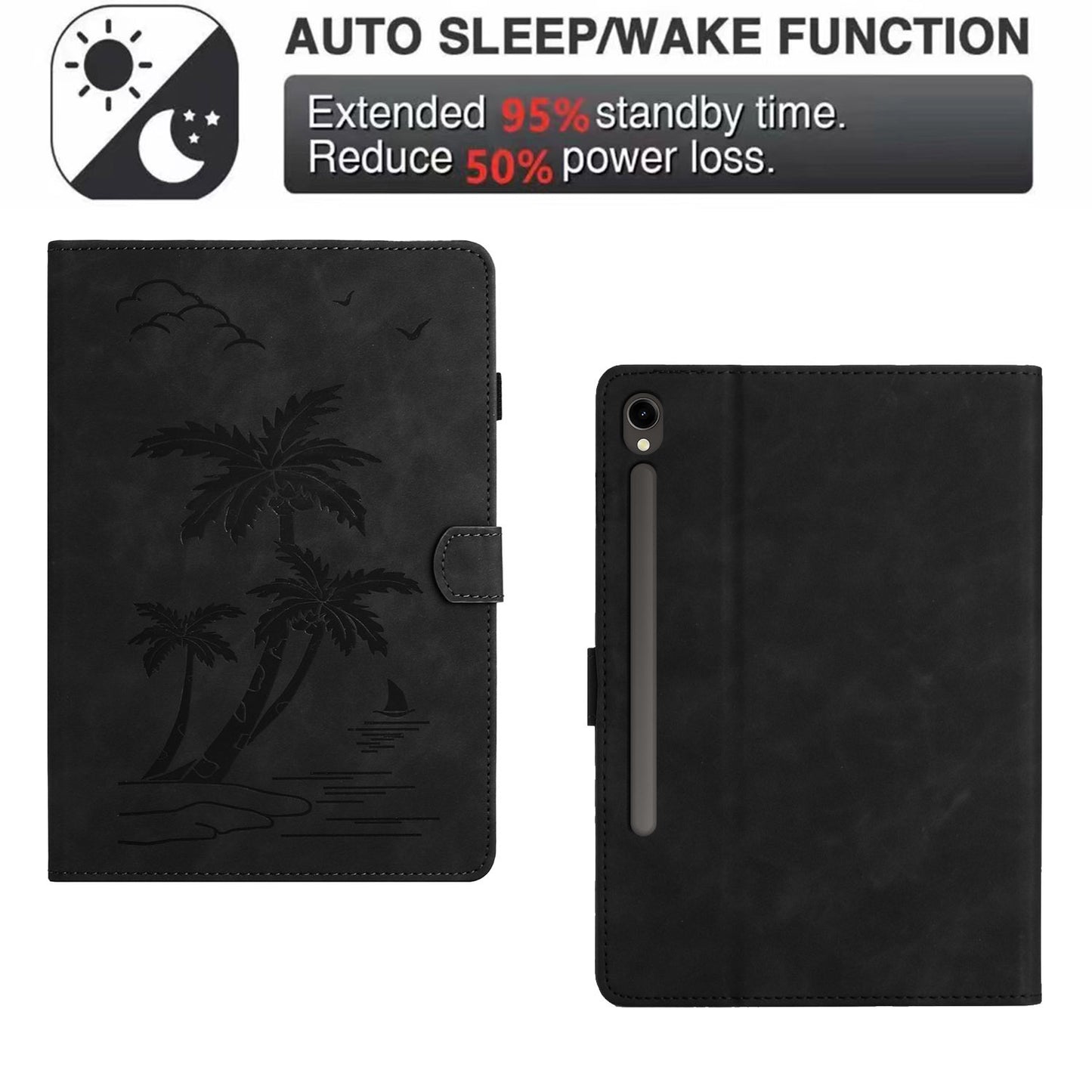 For Samsung Galaxy Tab S9 (X710 X716B X718U) / S9 FE (X510 / X516B) Card Holder Case Coconut Tree Imprinted Leather Tablet Cover - Black