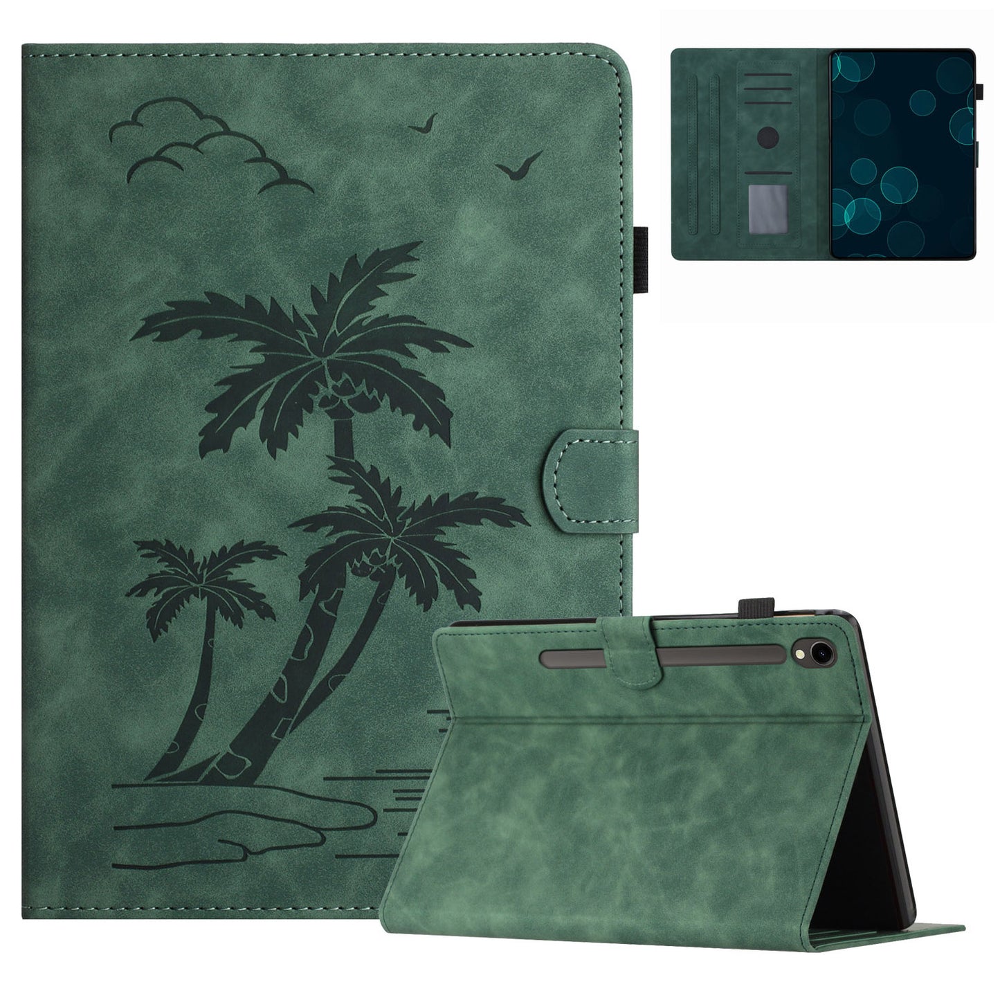 For Samsung Galaxy Tab S9 (X710 X716B X718U) / S9 FE (X510 / X516B) Card Holder Case Coconut Tree Imprinted Leather Tablet Cover - Green