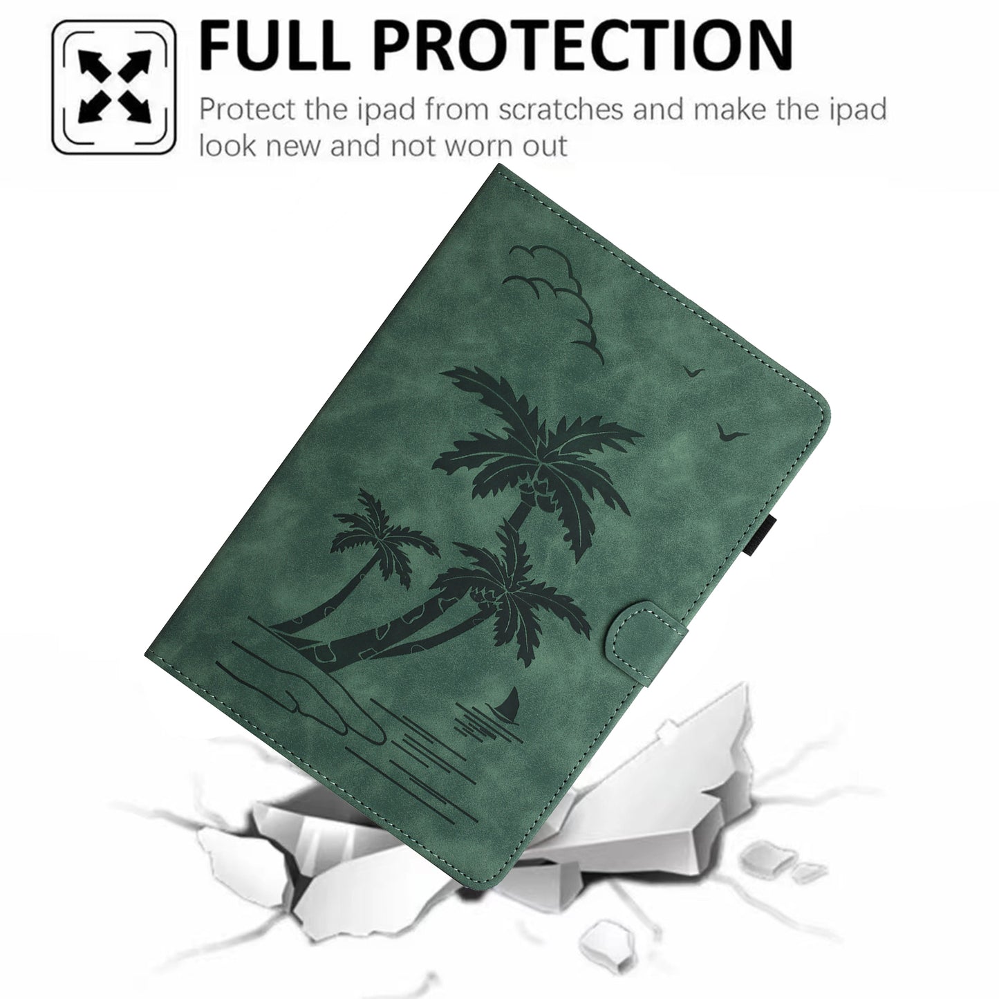 For Samsung Galaxy Tab S9 (X710 X716B X718U) / S9 FE (X510 / X516B) Card Holder Case Coconut Tree Imprinted Leather Tablet Cover - Green