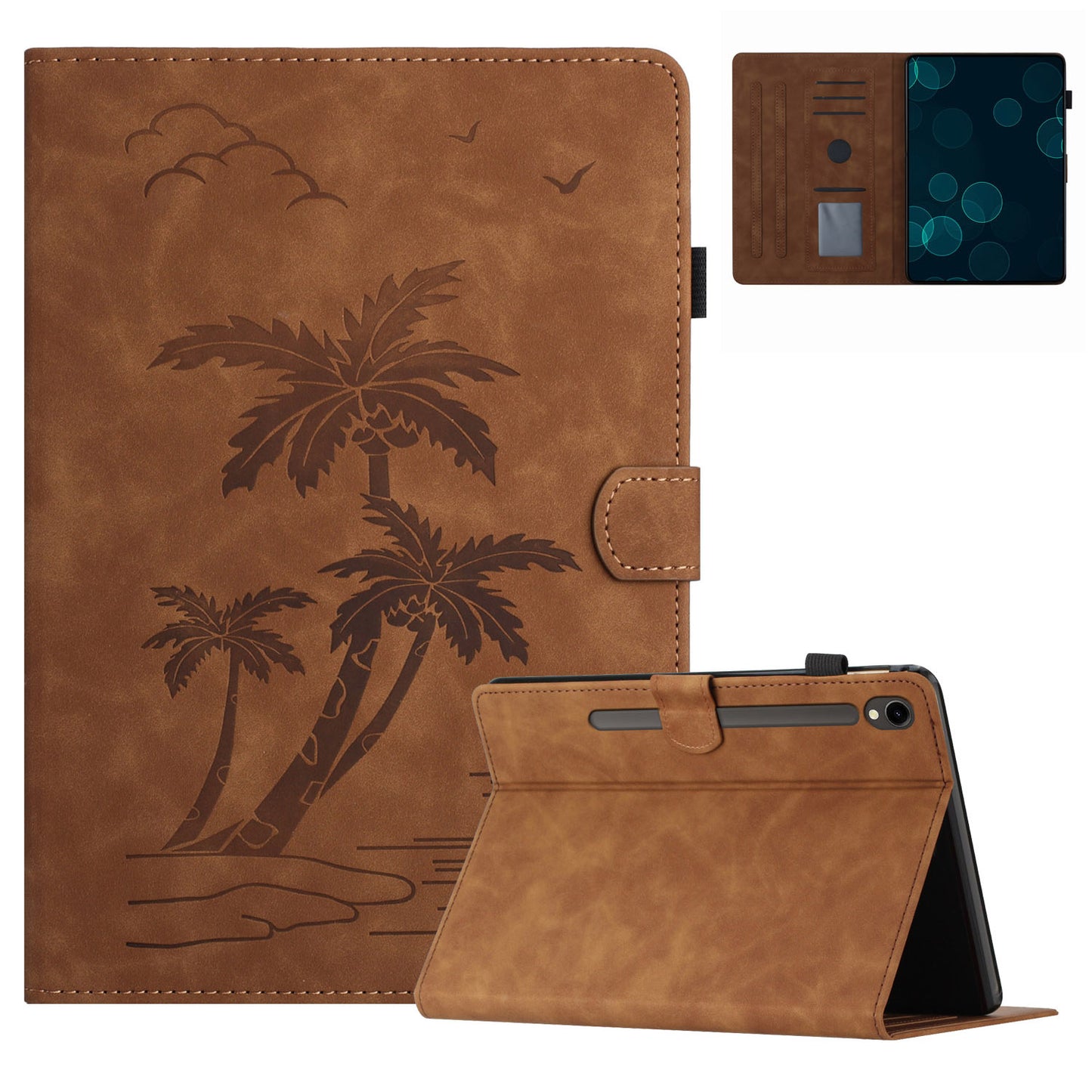 For Samsung Galaxy Tab S9 (X710 X716B X718U) / S9 FE (X510 / X516B) Card Holder Case Coconut Tree Imprinted Leather Tablet Cover - Brown