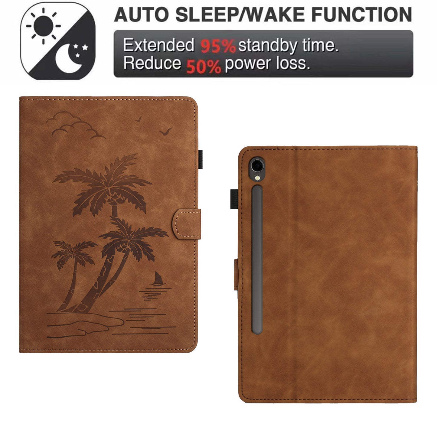 For Samsung Galaxy Tab S9 (X710 X716B X718U) / S9 FE (X510 / X516B) Card Holder Case Coconut Tree Imprinted Leather Tablet Cover - Brown