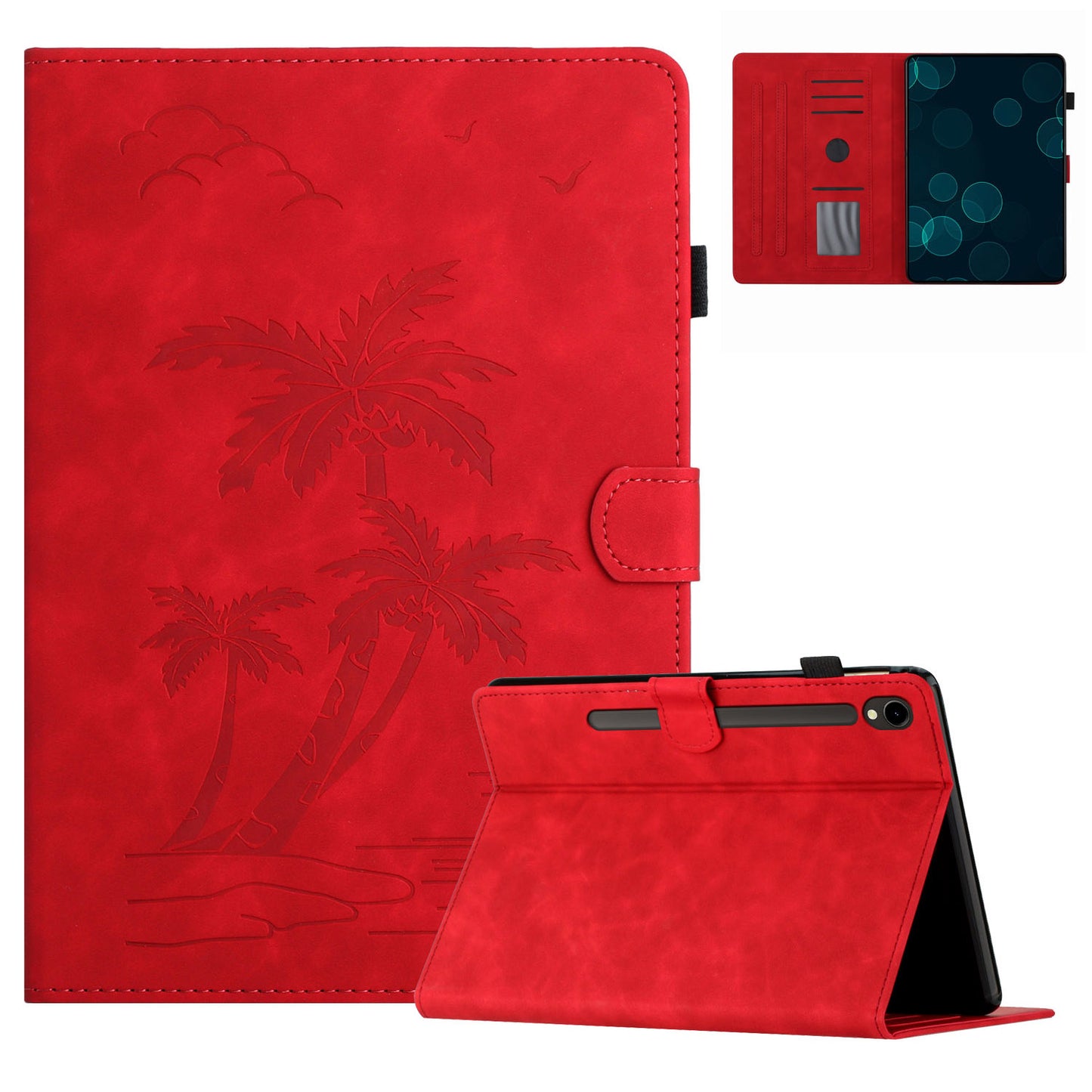 For Samsung Galaxy Tab S9 (X710 X716B X718U) / S9 FE (X510 / X516B) Card Holder Case Coconut Tree Imprinted Leather Tablet Cover - Red
