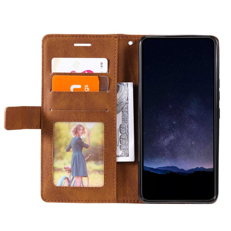 For Samsung Galaxy Xcover 5 Wallet Case Lines Imprinted PU Leather Phone Back Cover - Brown