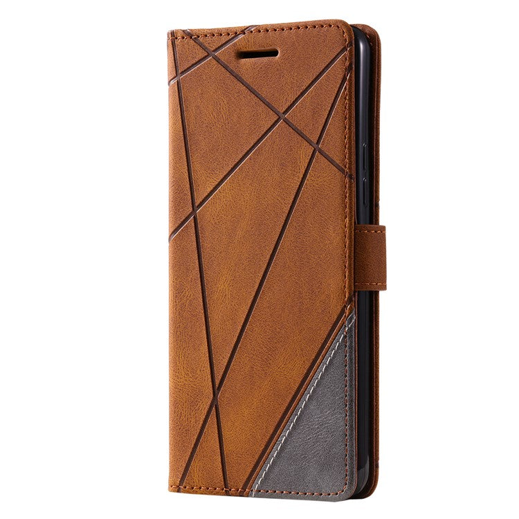 For Samsung Galaxy Xcover 5 Wallet Case Lines Imprinted PU Leather Phone Back Cover - Brown