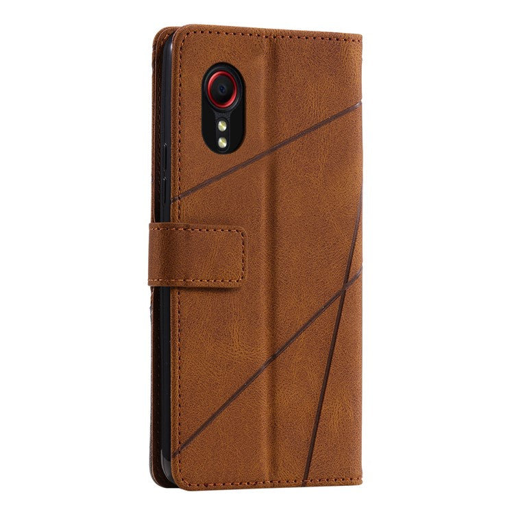 For Samsung Galaxy Xcover 5 Wallet Case Lines Imprinted PU Leather Phone Back Cover - Brown