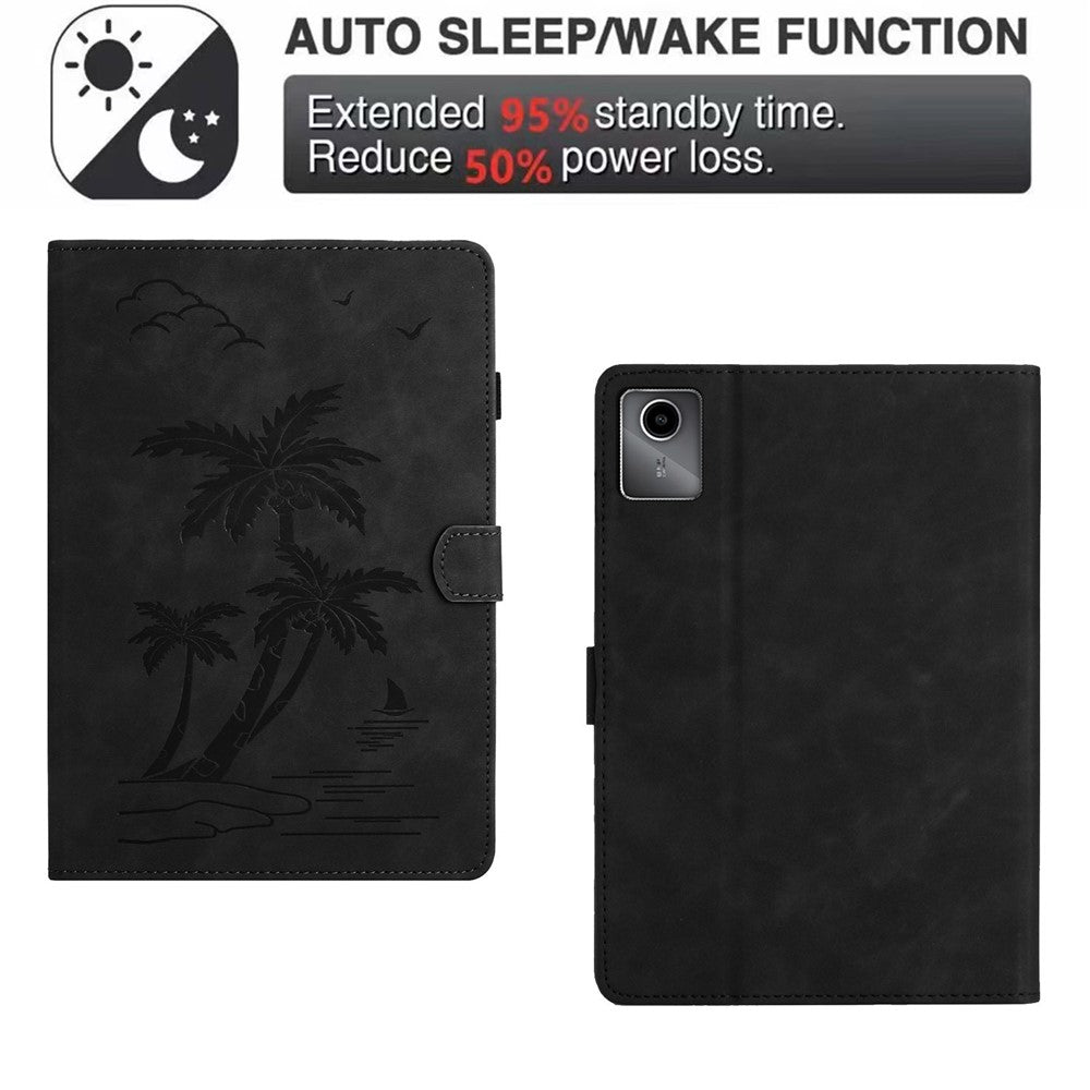 For Lenovo Tab M11 / Xiaoxin Pad 11 2024 TB-331FC Tablet Case Coconut Tree Imprinted Card Holder Leather Cover - Black