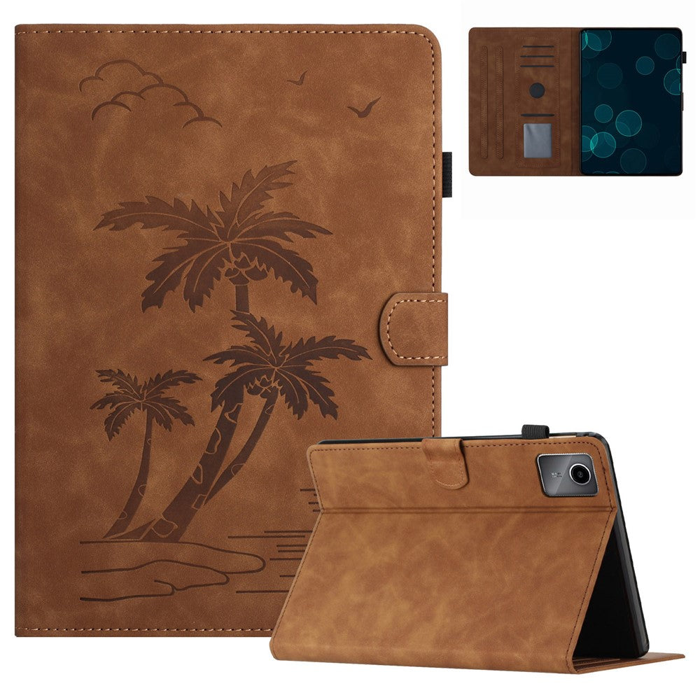 For Lenovo Tab M11 / Xiaoxin Pad 11 2024 TB-331FC Tablet Case Coconut Tree Imprinted Card Holder Leather Cover - Brown