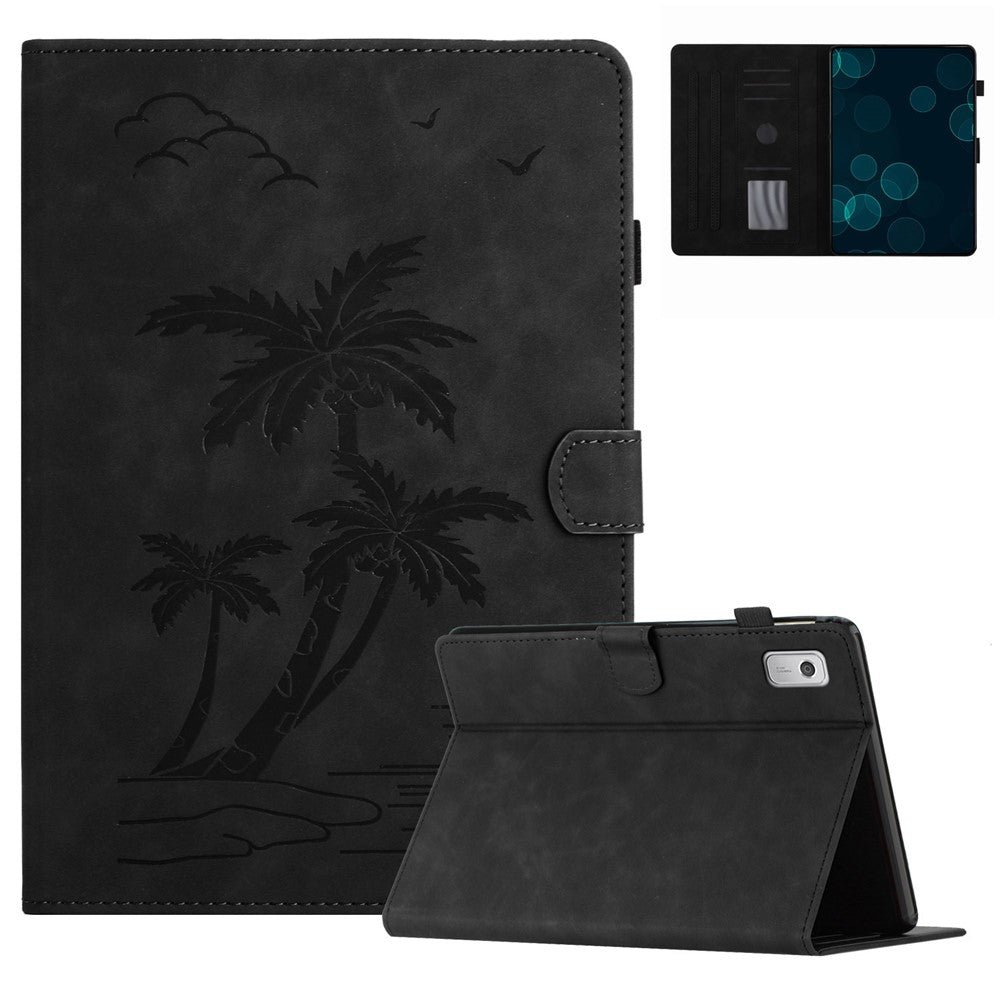 For Lenovo Tab M9 TB-310FU Case Card Slots PU Leather Coconut Tree Imprinted Tablet Cover Auto Wake / Sleep - Black