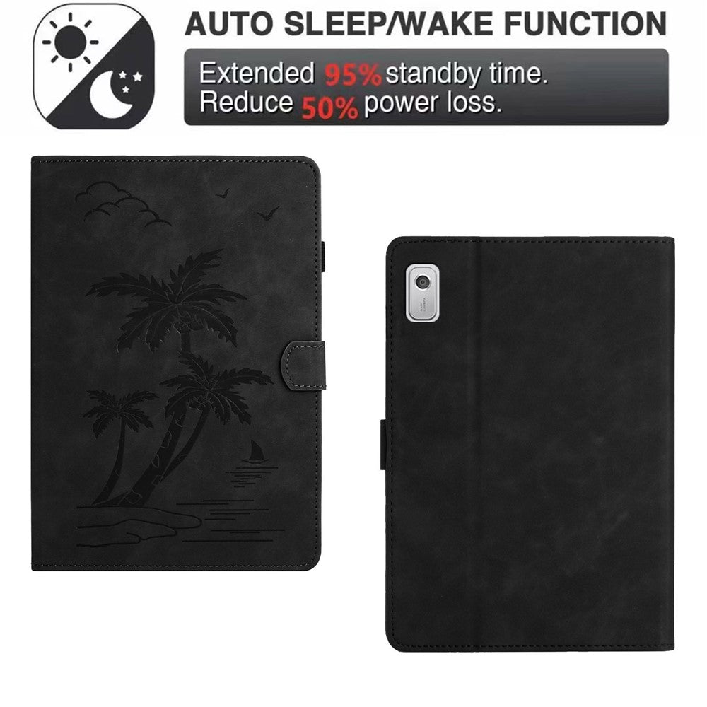 For Lenovo Tab M9 TB-310FU Case Card Slots PU Leather Coconut Tree Imprinted Tablet Cover Auto Wake / Sleep - Black