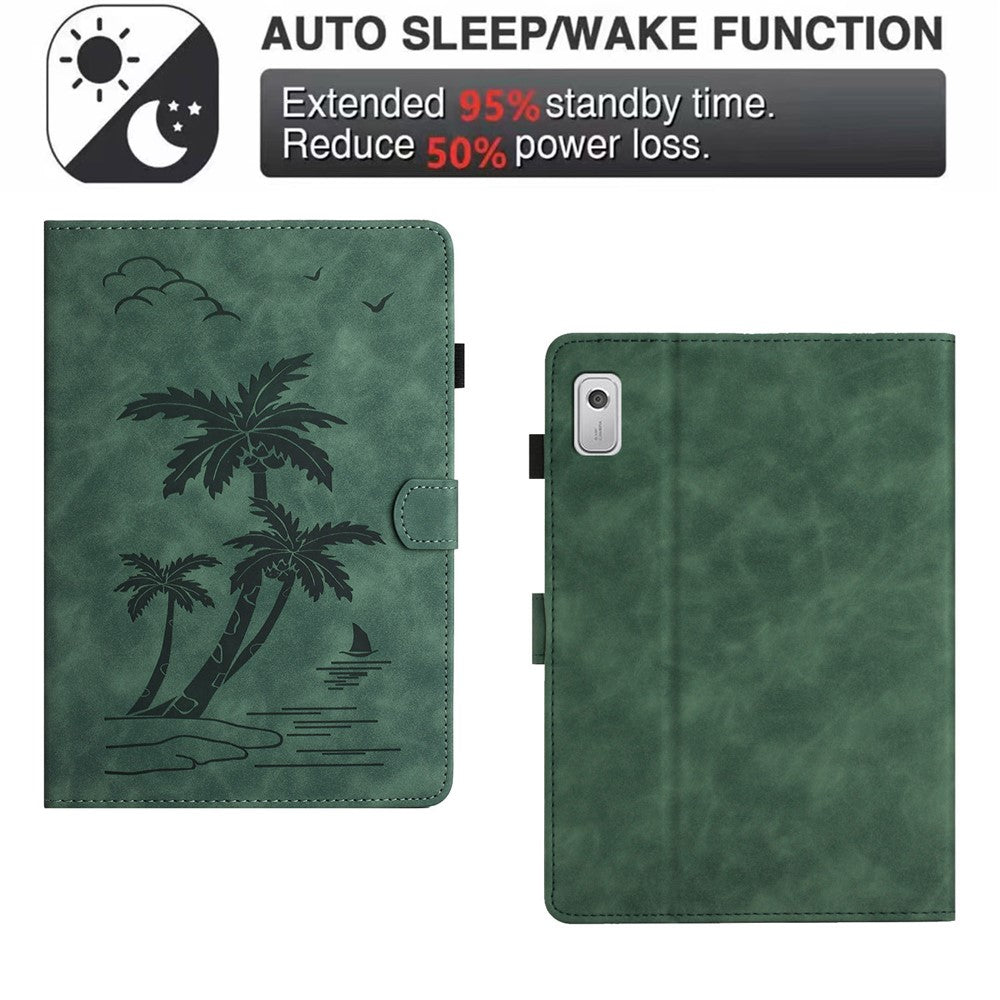 For Lenovo Tab M9 TB-310FU Case Card Slots PU Leather Coconut Tree Imprinted Tablet Cover Auto Wake / Sleep - Green