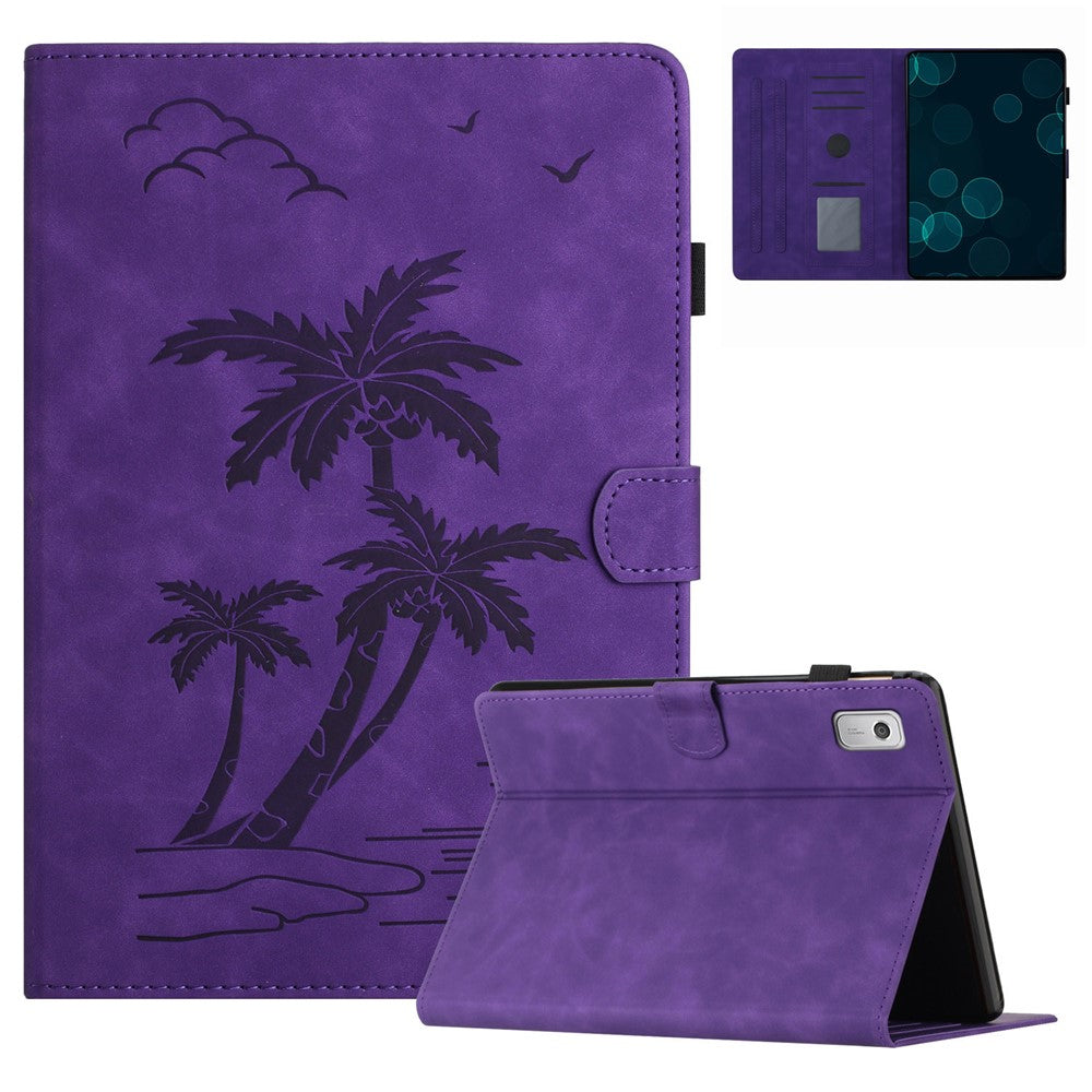 For Lenovo Tab M9 TB-310FU Case Card Slots PU Leather Coconut Tree Imprinted Tablet Cover Auto Wake / Sleep - Purple