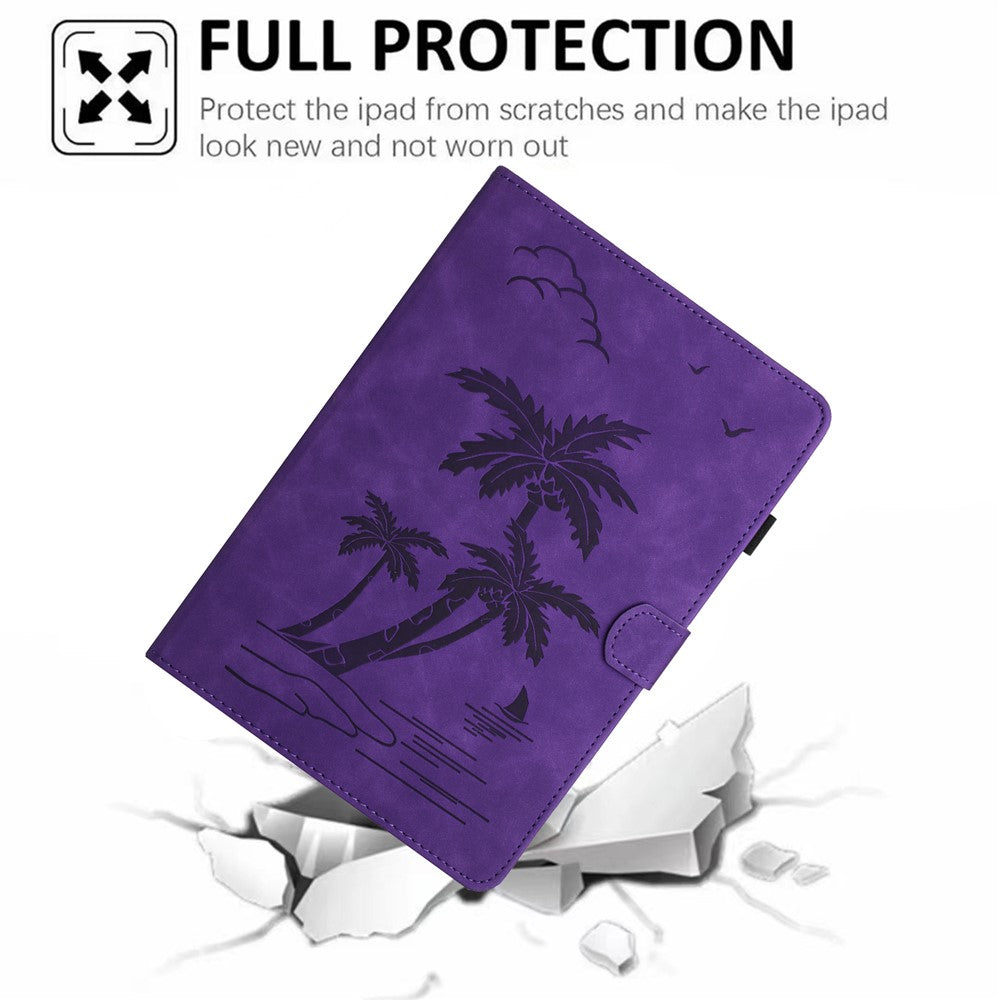 For Lenovo Tab M9 TB-310FU Case Card Slots PU Leather Coconut Tree Imprinted Tablet Cover Auto Wake / Sleep - Purple