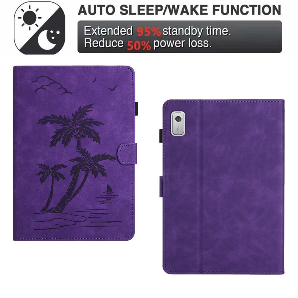 For Lenovo Tab M9 TB-310FU Case Card Slots PU Leather Coconut Tree Imprinted Tablet Cover Auto Wake / Sleep - Purple
