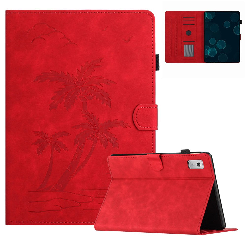 For Lenovo Tab M9 TB-310FU Case Card Slots PU Leather Coconut Tree Imprinted Tablet Cover Auto Wake / Sleep - Red