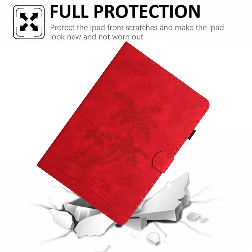 For Lenovo Tab M9 TB-310FU Case Card Slots PU Leather Coconut Tree Imprinted Tablet Cover Auto Wake / Sleep - Red
