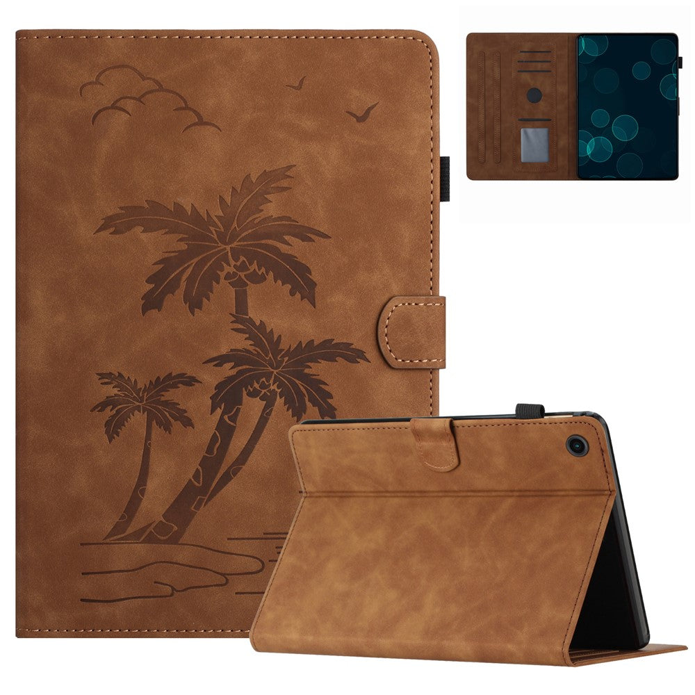 For Lenovo Tab M10 Plus (3rd Gen) Case Coconut Tree Imprinted PU Leather Folio Stand Smart Tablet Cover - Brown