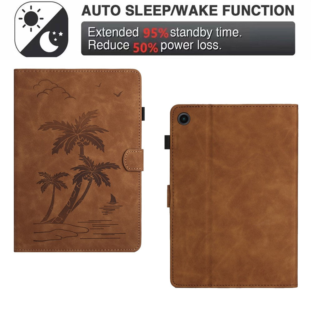 For Lenovo Tab M10 Plus (3rd Gen) Case Coconut Tree Imprinted PU Leather Folio Stand Smart Tablet Cover - Brown