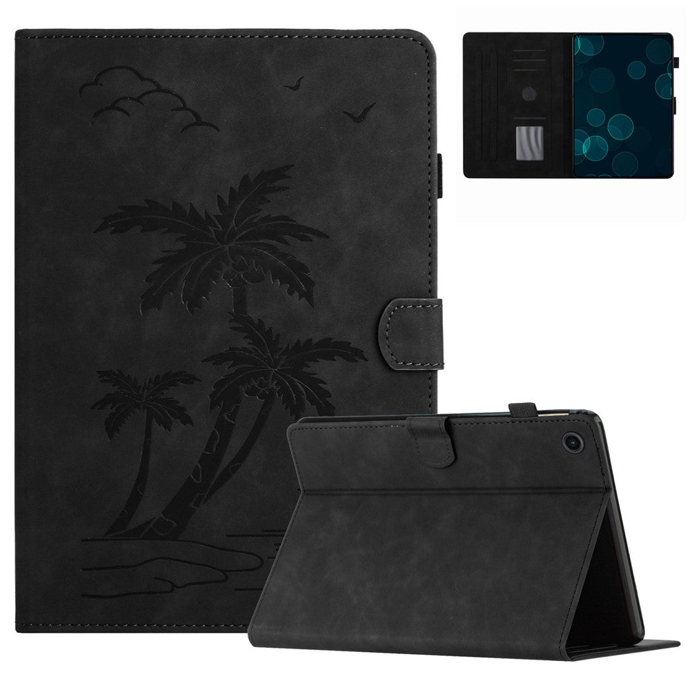 For Lenovo Tab M10 Plus (3rd Gen) Case Coconut Tree Imprinted PU Leather Folio Stand Smart Tablet Cover - Black