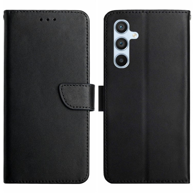 HT02 For Samsung Galaxy M55 5G / C55 5G / F55 5G Nappa Texture Phone Case Genuine Cow Leather Flip Stand Cover - Black