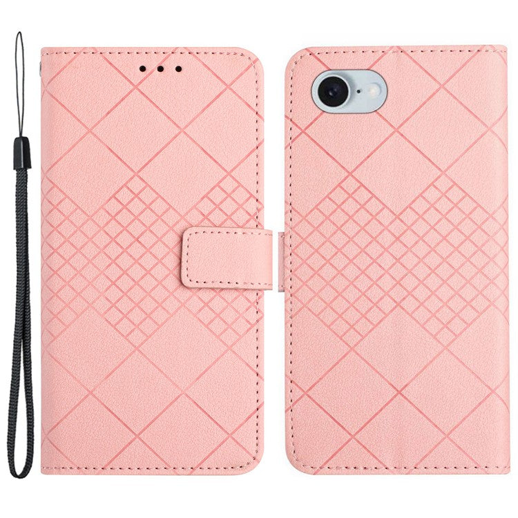 HT06 For iPhone SE (2025) Drop-Proof Phone Case Rhombus Pattern PU Leather Wallet Cover - Pink