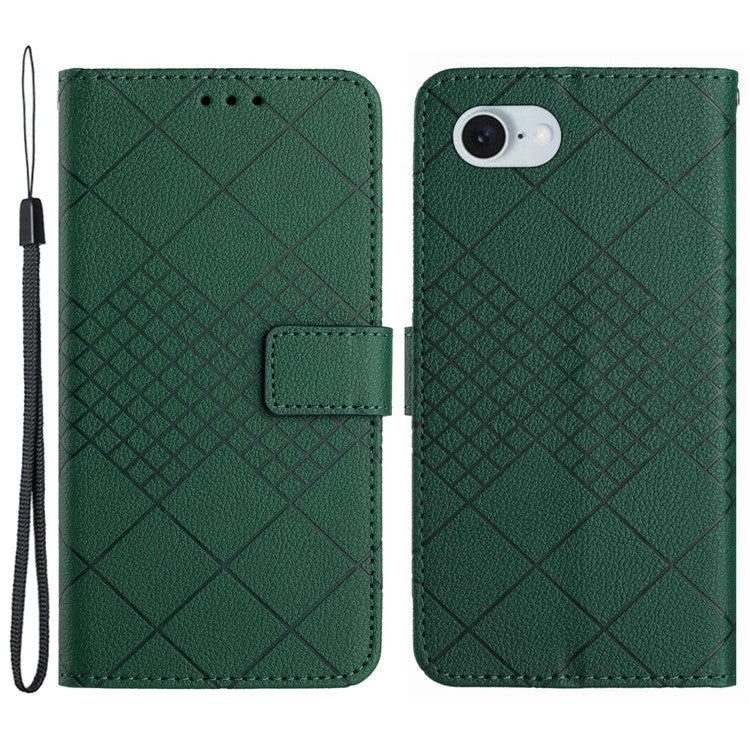 HT06 For iPhone SE (2025) Drop-Proof Phone Case Rhombus Pattern PU Leather Wallet Cover - Green