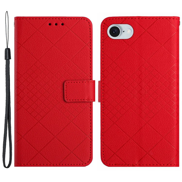HT06 For iPhone SE (2025) Drop-Proof Phone Case Rhombus Pattern PU Leather Wallet Cover - Red