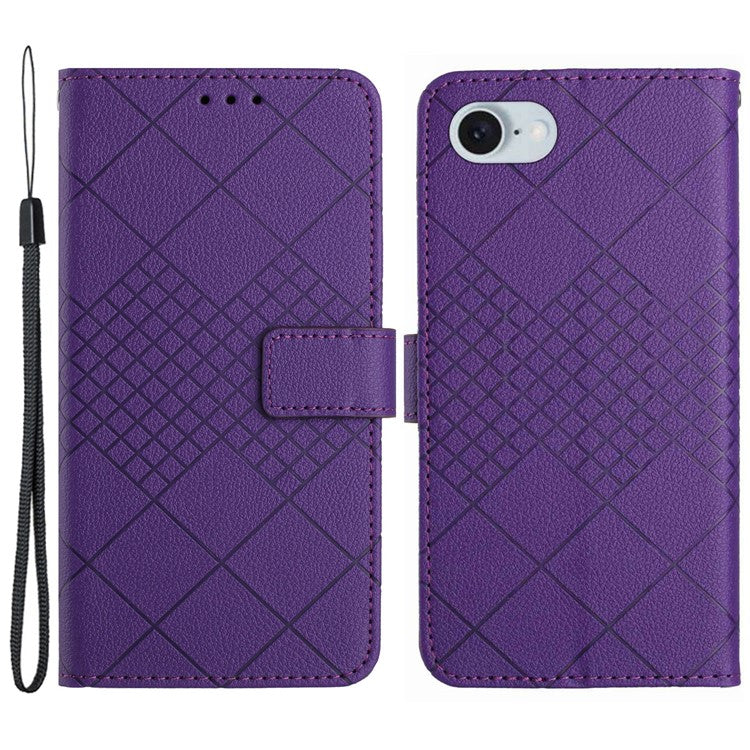 HT06 For iPhone SE (2025) Drop-Proof Phone Case Rhombus Pattern PU Leather Wallet Cover - Dark Purple