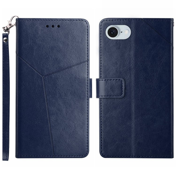 HT01 For iPhone SE (2025) Wallet Case Leather Flip Phone Cover Imprinted Y-Shaped Lines - Blue