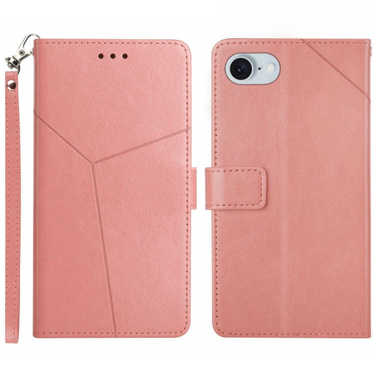 HT01 For iPhone SE (2025) Wallet Case Leather Flip Phone Cover Imprinted Y-Shaped Lines - Pink