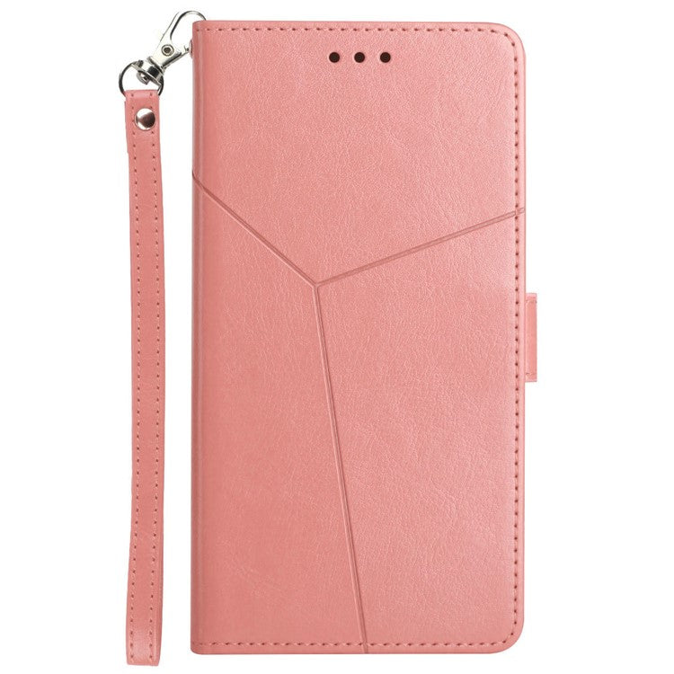 HT01 For iPhone 16e Wallet Case Leather Flip Phone Cover Imprinted Y-Shaped Lines - Pink