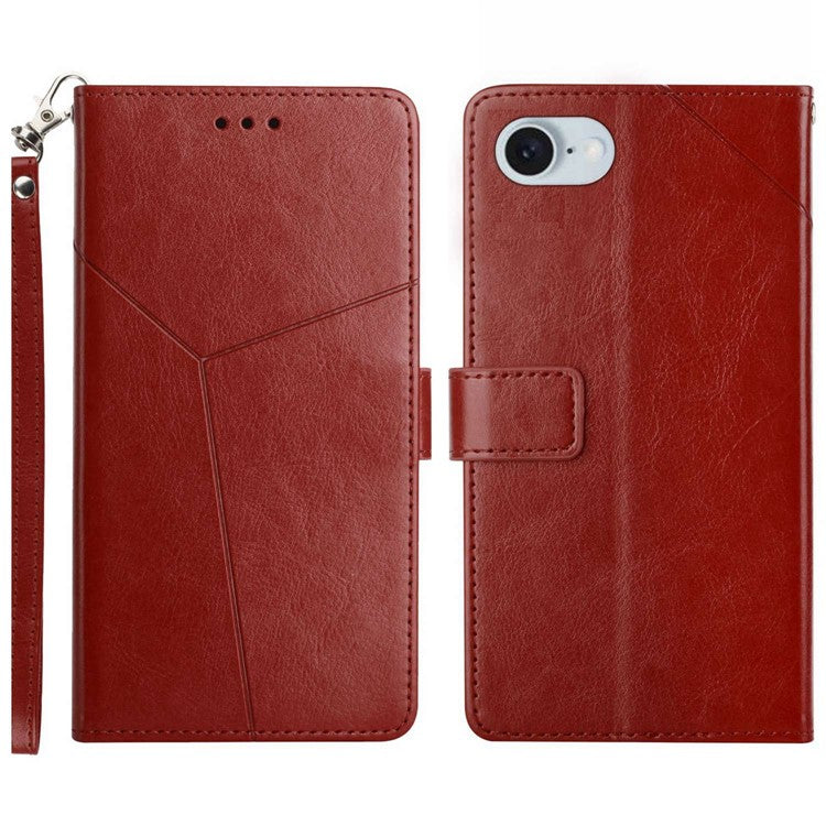 HT01 For iPhone SE (2025) Wallet Case Leather Flip Phone Cover Imprinted Y-Shaped Lines - Brown