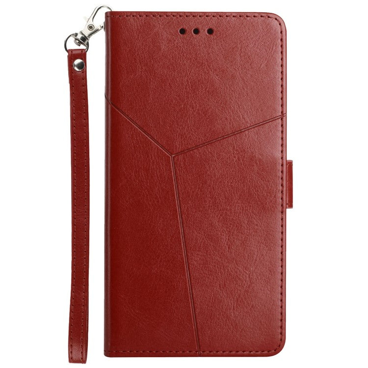 HT01 For iPhone 16e Wallet Case Leather Flip Phone Cover Imprinted Y-Shaped Lines - Brown