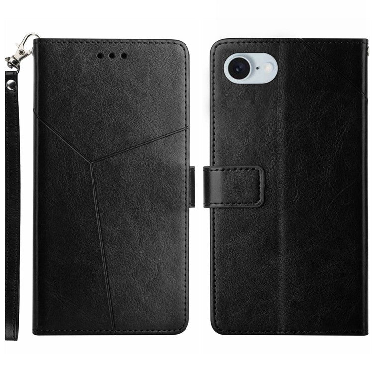 HT01 For iPhone SE (2025) Wallet Case Leather Flip Phone Cover Imprinted Y-Shaped Lines - Black